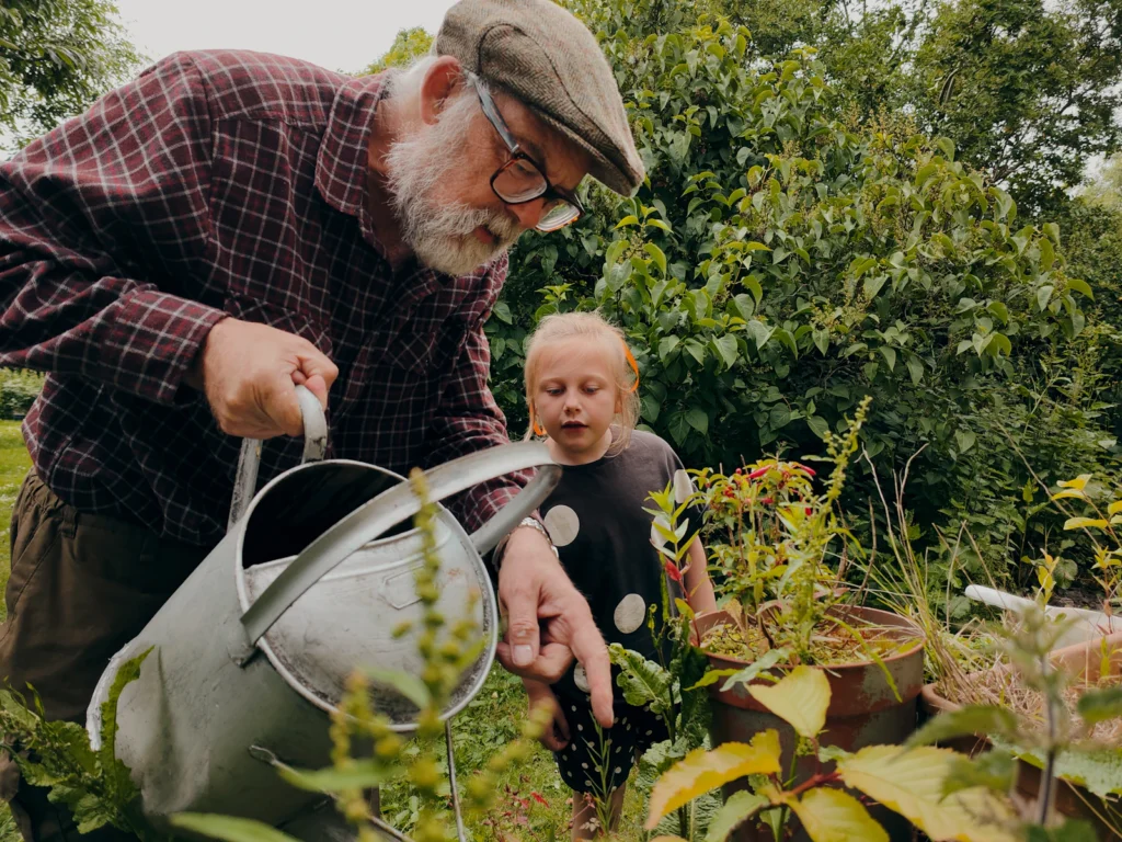 Senior couple gardening together
