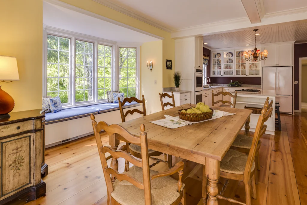 Bright dining room with large windows